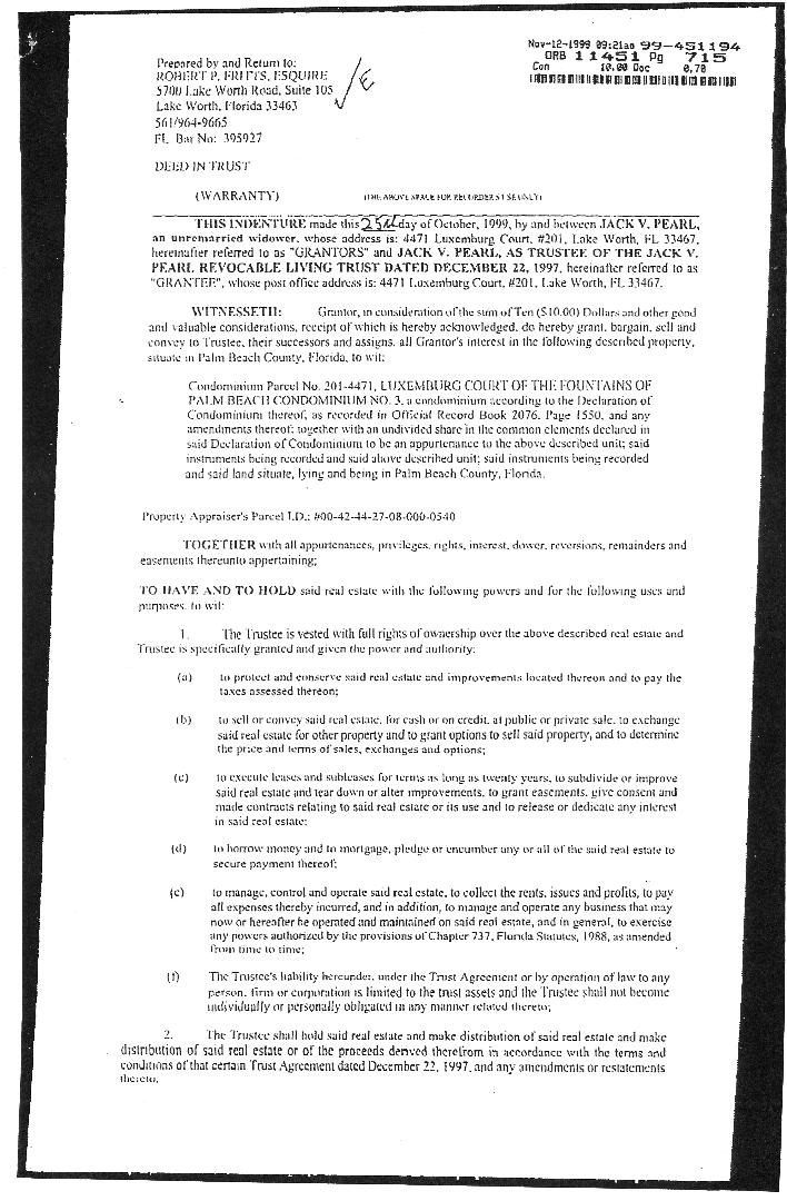 Robert Pearl - Jack V. Pearl - second Condo paper of 1999