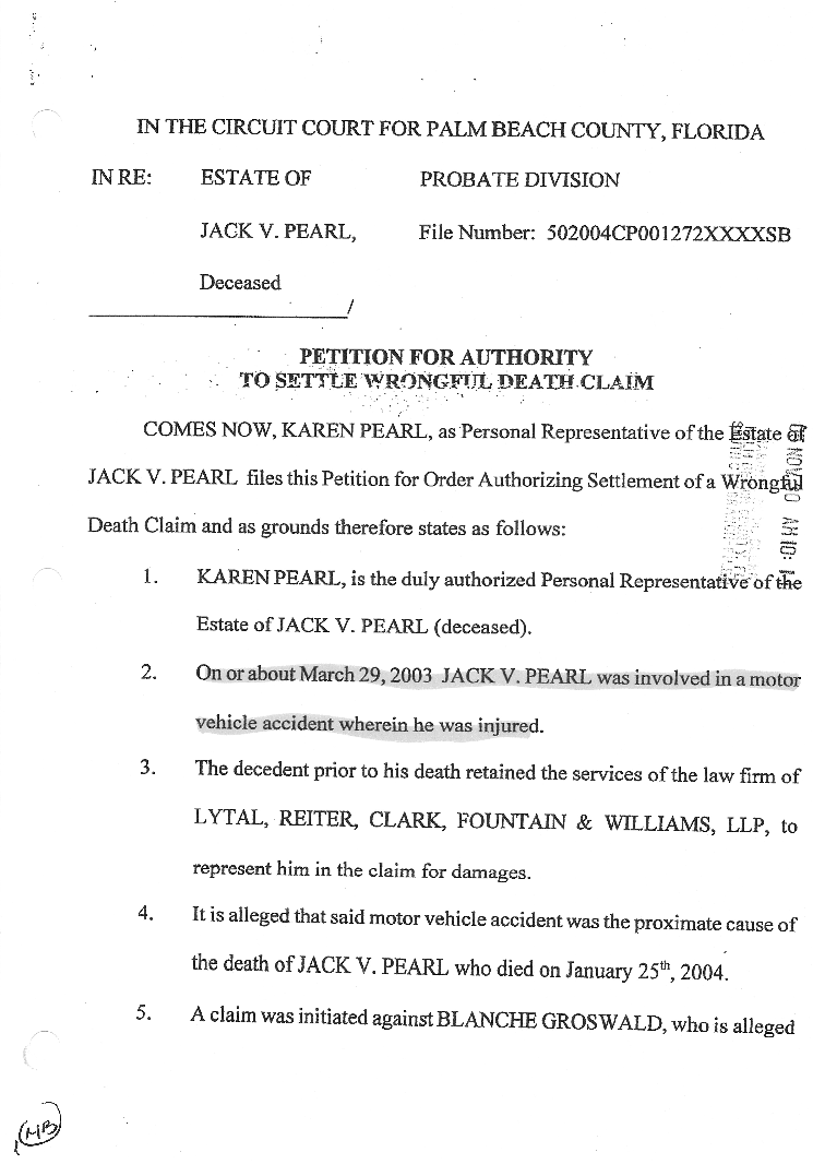 Robert Pearl - 2005 - Pearl Estate} Wrongful Death Suit