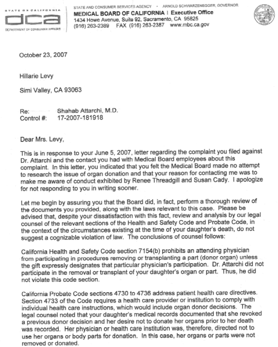 page 1 of medical board of california inaccurately stating fact and denying knowledge of kaiser going under the radar with tissue transplants, etc.,