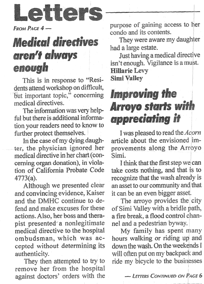 Medical Directives aren't always enough - Ventura County Acorn - October 2, 2007