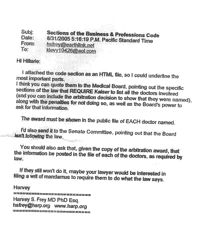 Letter from Dr. Harvey Frey regarding the CA Medical board.