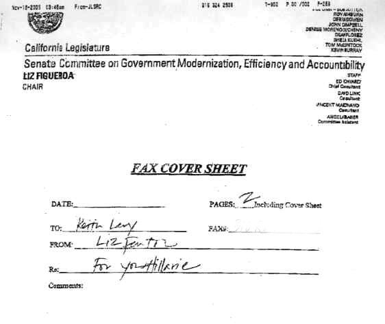 fax cover from Senator Liz Figueroa's office