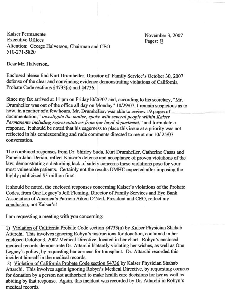 Letter to George Halvorson from Hillarie Levy regarding the illegal attempt to obtain under the radar body tissue for transplant Page 1