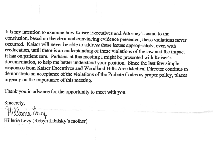 Letter to George Halvorson from Hillarie Levy regarding the illegal attempt to obtain under the radar body tissue for transplant