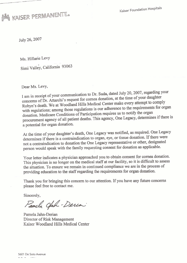 July 26, 2007 Kaiser Permanente letter regarding harvesting cancerous tissue for transplant