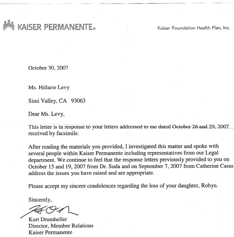 Kaiser Permanente October 30, 2007 letter where they try to ignore their wrong doing.