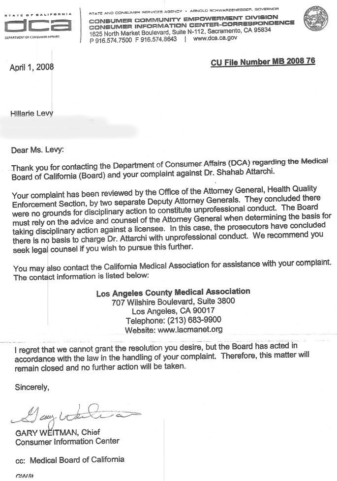 Department of Consumer Affailrs explains on April 1, 2008 to Hillarie Levy how there is no enforcement law against a doctor that illegally obtains or attempts to obtain a deceased patients organs for transplant CU File Number MB 2008 76