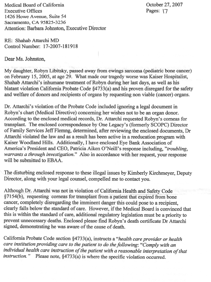 October 27, 2007 letter to California Medical Board from Hillarie Levy