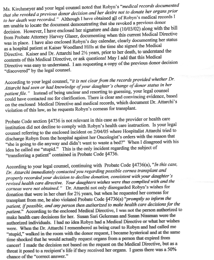 page 2 of October 27, 2007 letter to California Medical Board from Hillarie Levy