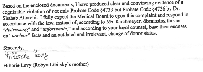 Page 3 of October 27, 2007 letter to California Medical Board from Hillarie Levy