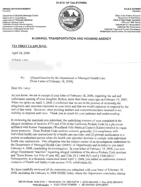 Letter from California Transportation Agency to Hillarie Levy - RE: Inaction by The Department of Managed Health Care. - Dated April 18, 2008