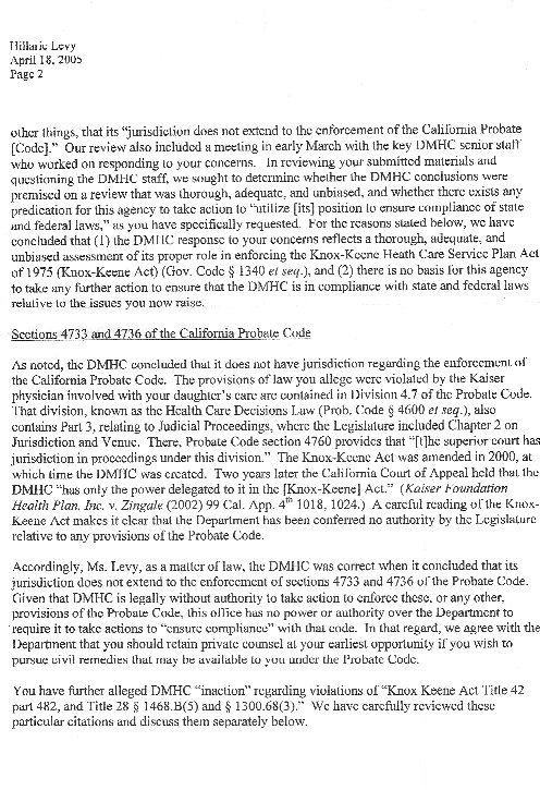 Letter from California Transportation Agency to Hillarie Levy - RE: Inaction by The Department of Managed Health Care. - Dated April 18, 2008