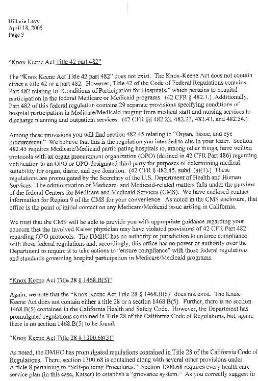 Letter from California Transportation Agency to Hillarie Levy - RE: Inaction by The Department of Managed Health Care. - Dated April 18, 2008