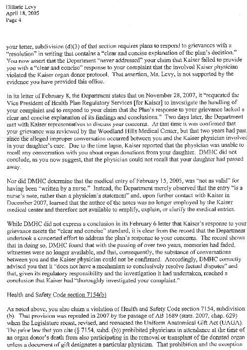 Letter from California Transportation Agency to Hillarie Levy - RE: Inaction by The Department of Managed Health Care. - Dated April 18, 2008