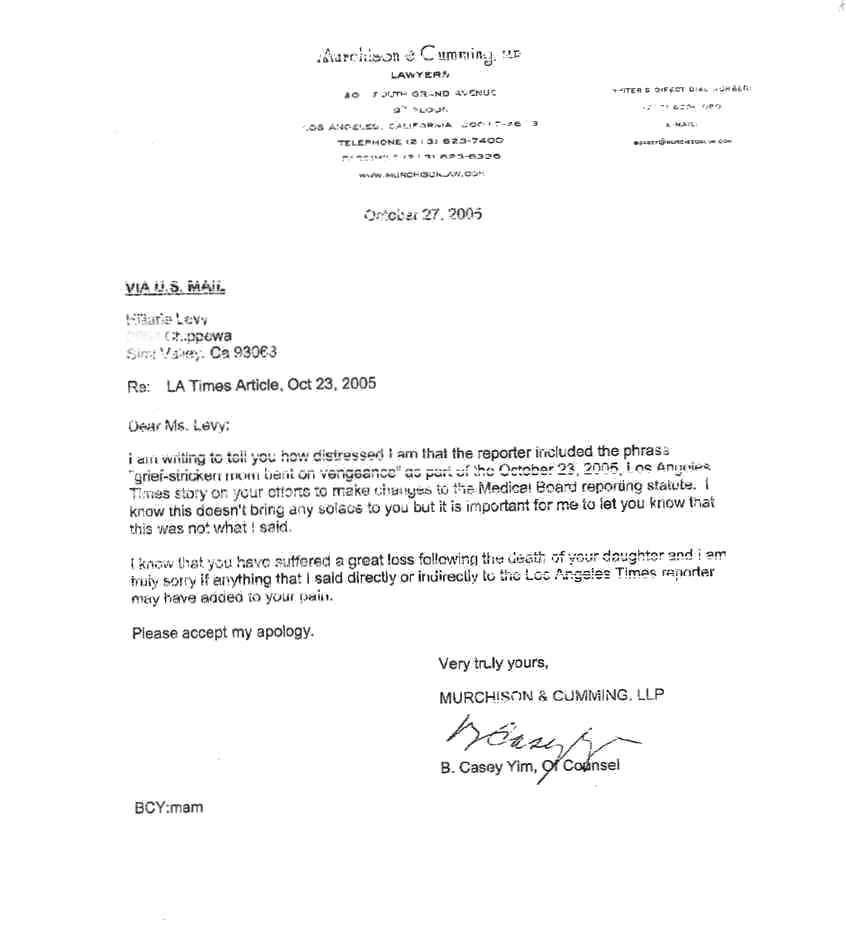 Letter to Hillarie Levy from B. Casey Yim of the lawfirm Mirchison and Cumming - A Kaiser retained lawfirm.