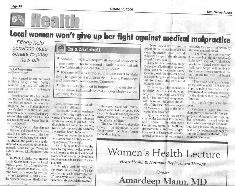 Local woman won't give up her fight against medical malpractice - October 6, 2006 - Simi Valley Acorn - Hillarie Levy