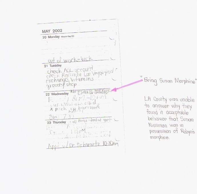 LA County was unable to answer why they found it acceptable behavior that Susan Nissman ws in possession of Robyn's morphine.