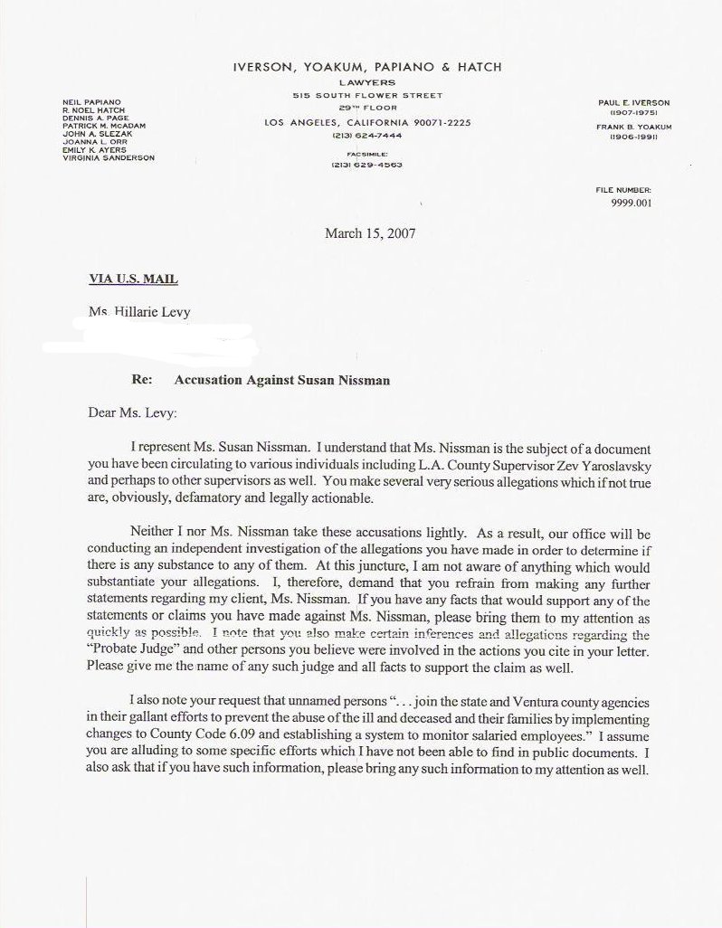 Letter responding to Mrs. Levy's speech at the Los Angeles County Board of Supervisors Meeting in January 2007