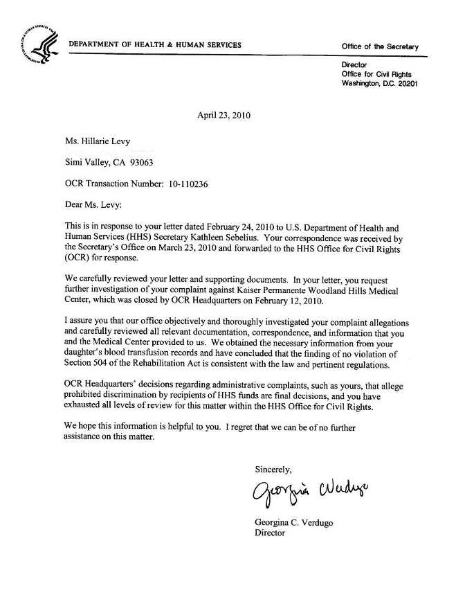 HHS/OCR Director Georgiana C. Verdugo writes to Hillarie Levy explaining that Kaiser does nothing wrong with blood transfusions and are not acting discriminatory.